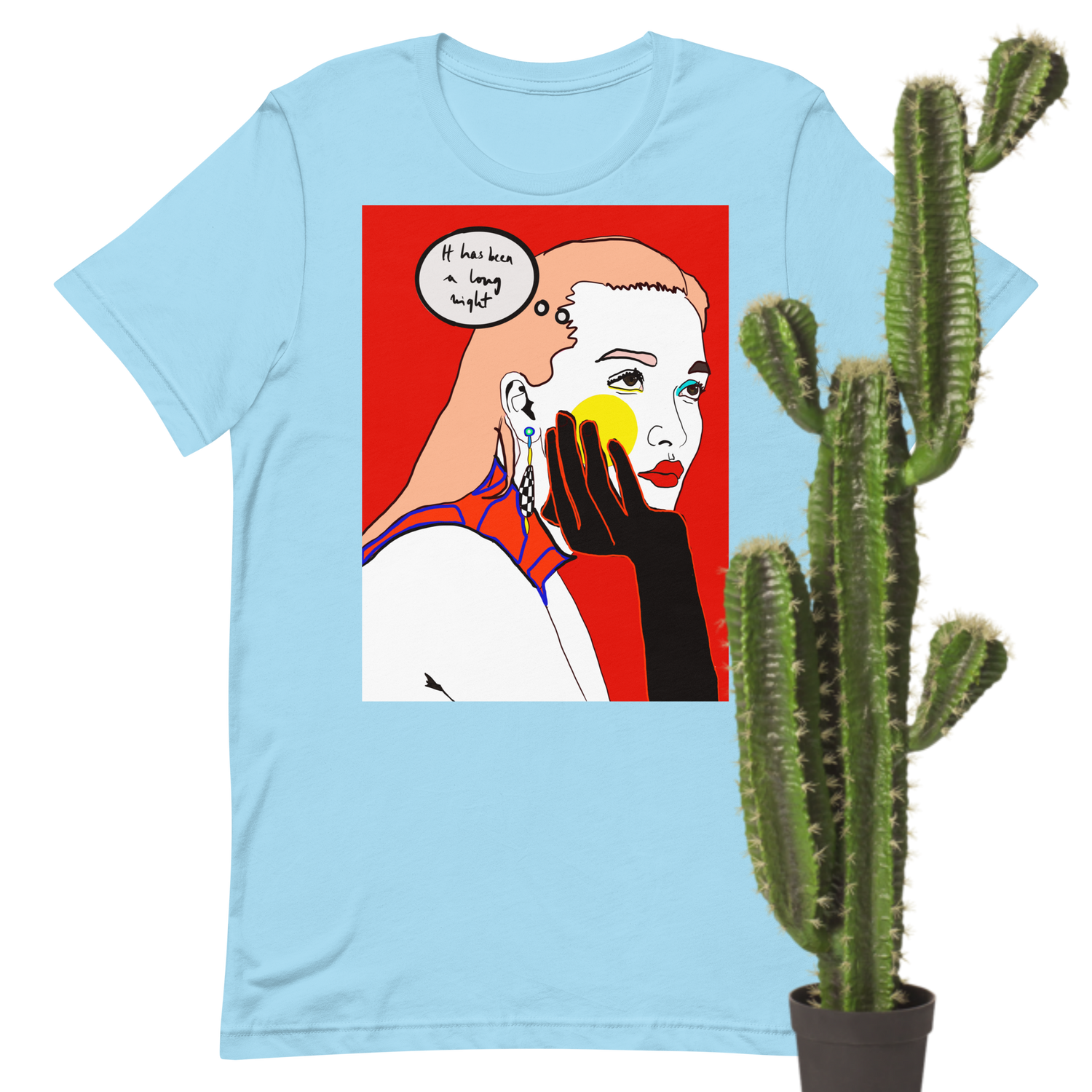 baby blue t-shirt with cactus as a decoration